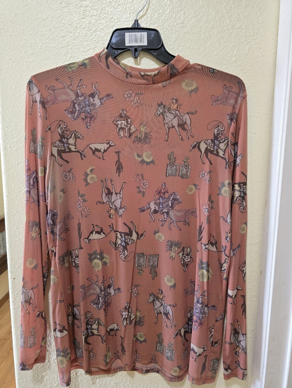 Mesh Western Print Long Sleeve Mesh Top - Rust Saddle Motif